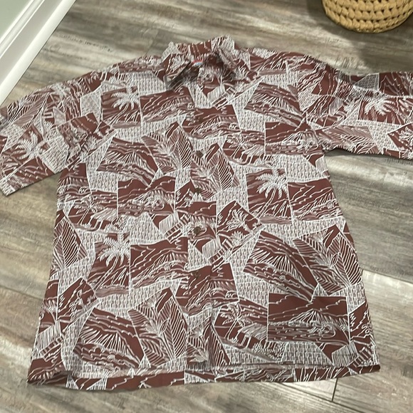 Reyn Spooner Shirt Mens Small Tailored Button Brown & Blue Woven Palm Tree Print - Picture 1 of 7